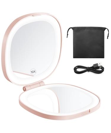 KEDSUM Lighted Compact Mirror, 1X/10X Magnifying Mirror, Travel Makeup Mirror with Rechargeable LED Lights, Dimmable Double Sided Folding Mirror, Portable, Daylight, USB Charging(Pink)