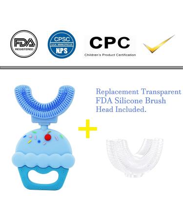 JIUJIU Kids U-Shaped Toothbrush | Food Grade Soft Silicone | 3 Sided Teeth Cleaning | Removable Manual Toothbrush for Child/Sensitive Teeth - Cake Blue (Age 2-7) - Buy Online on GoSupps.com