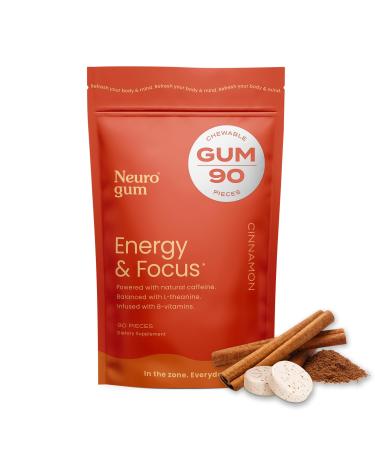 NeuroGum Energy Caffeine Gum (90 Pieces) - Sugar Free with L-theanine + Natural Caffeine + Vitamin B12 & B6 - Nootropic Energy & Focus Supplement for Women & Men - Keto & Vegan Cinnamon Flavor 90 Count (Pack of 1)
