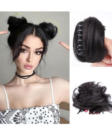MDRTIRIM 2pcs Mini Claw Clip in Messy Bun Hair Piece Space Bun Hair Pieces Donut Chignon Synthetic Bun in Hairpieces Extensions Wig Accessory for Women Girls (3.1 Wavy - Brown-Black)