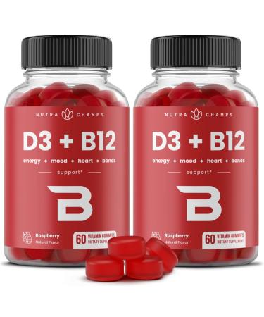 NutraChamps Vitamin D3 & B12, Methyl B12 Gummies for Adults & Kids, Enhanced with Vitamin D 3 & B9 Vitamin Folate, Natural Energy, Mood, Metabolism & Focus, Raspberry, 120 Gummies (Pack of 2)
