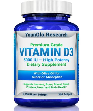 YounGlo Research Vitamin D3 5000 IU Dietary Supplement to Promote Healthy Bone & Immune Function Easy-to-Swallow 360 Softgels