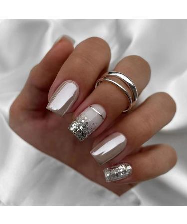 Square False Nails Short for Women 24Pcs Glitter Press on Nails Silvery French Fake Nails Acrylic Stick on Nails with Nail Glue Silver Glitter French Nail Tips for Women Girls Nails Art Aurora Silver