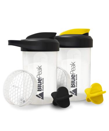 BluePeak Protein Shaker Bottle 20 oz with Dual Mixing Technology, Strong Loop Top, BPA Free, Shaker Balls & Mixing Grids Included - On-The-Go Small Protein Shakers (2 Pack - Black & Yellow) Black-Yellow