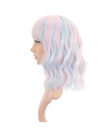 Faelbaty Pink Short Wave Bob Wig - Pony Curly Synthetic Cosplay Wig for Girls & Women - Shoulder-Length Candy Color Costume Wig (12 Mixed Blue & Pink) - Buy Online on GoSupps.com