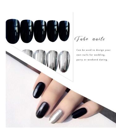 Buy Sethain Shiny Oval Press-On Nail Tips - Black & Silver Short Complete Cover 24 Pieces for Women & Girls | Best Quality & Style - Buy Online on GoSupps.com