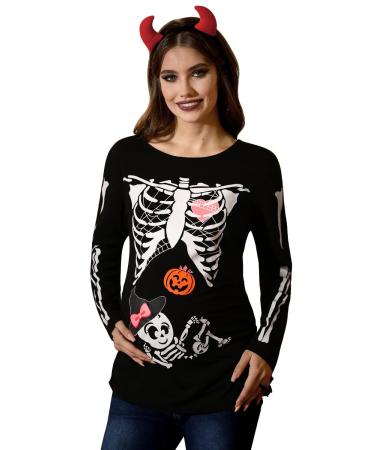For G and PL Halloween Women's Pregnancy Top Long Sleeve Maternity Funny Costume S-XXL S Bow Tie| Skull Baby