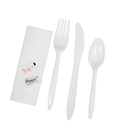 Value Plus (500 Count) 6 Piece Disposable Plastic Cutlery Set White Knife Fork Spoon Napkin Salt and Pepper Sachet Individually Wrapped Cutlery Kits Bulk Cutlery Set for Takeaway