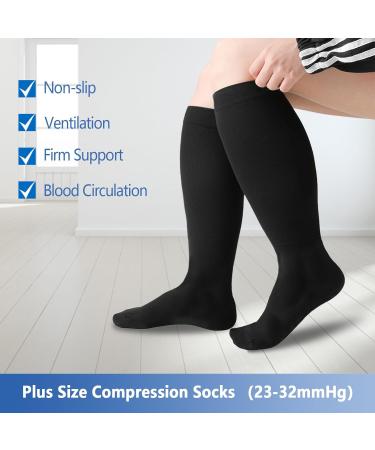 Hotfiary Plus Size Compression Stockings for Men & Women | 20-30mmHg Wide Calf Knee-High Compression for Circulation | Extra Large Closed Toe Black 6XL - Buy Online on GoSupps.com