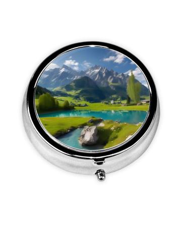 Highland Lake Sceneryround Pill Box 3 Compartments Round Pill Box Organizer for Purse Or Pocket Portable Travel Pill Box