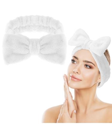 Spa Bowknot headband women spa hair band cosmetics coral fleece makeup hair bands elastic cosmetic headband wide -clamp coral fleece washing face head wrap for shower skin care (white)