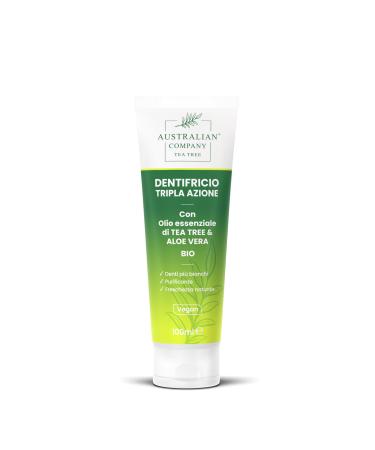 Triple action gel toothpaste with organic tea tree oil and aloe vera for daily oral hygiene.