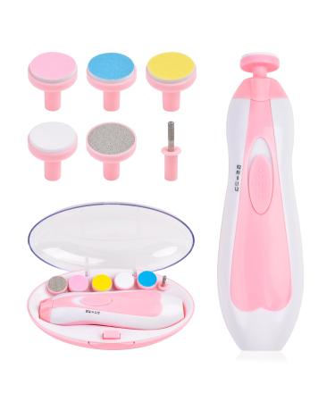 Baby Nail Trimmer Electric Baby Nail File Pink Nail Clippers with LED Light and 6 Grinding Heads for Newborn Toddler or Adults Toes and Fingernails Trim Polish