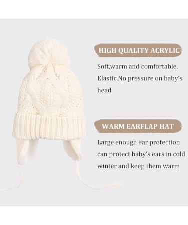 Pesaat Knitted Baby Winter Beanie Earflap Hat | Fleece Lined Pompom Beanie for Infant Toddler 6-12 Months - White - Buy Online on GoSupps.com