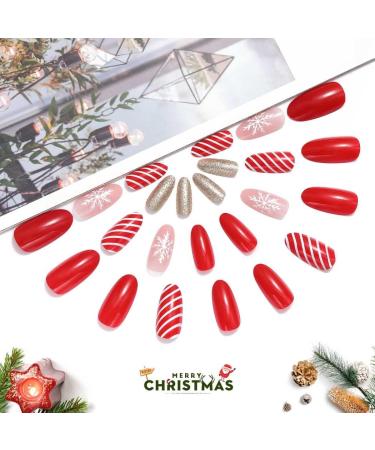 Vatocu Christmas False Nails - Short Red Press On Nails with Snowflake, Elk, and Snowman Designs - 24pcs for Women and Girls - Buy Online on GoSupps.com