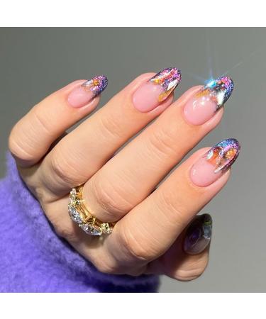 Mouyouglow press on nails short almond nude colored glitter French tip fake nails with nail glue shiny almond 3D rhinestones artificial fingernails nails y14