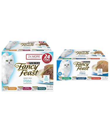 Fancy Feast Wet Cat Food Pate Assorted Variety Pack 3 Flavours - 85 g Can (24 Pack) & Supper Wet Cat Food Pate Variety Pack 3 Flavours - 85 g Can (12 Pack)