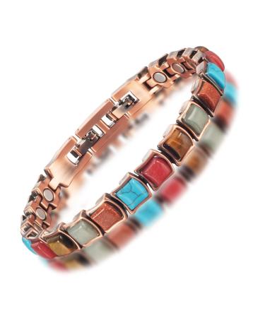 EnerMagiX Copper Magnetic Bracelet Men Women Magnetic Bracelets with Magnets and Multi-Color Stone Wristband Gifts Adjustable Size