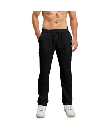Lanckeli Men's Linen Summer Beach Yoga Pants with Drawstring Casual Loose and Lightweight Long Pants. S A4 - Black