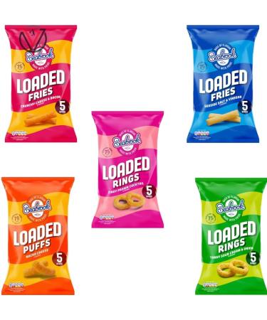 Sea brok Salt & Vinegar Cream & Onion Cheese & Bacon Nacho Cheese & Prawn Cocktail Loaded Rings Fries & Puffs Crisps 5 pack - 5 Mixed Bags(25 Mini Bags) | VIMIX - Buy Online on GoSupps.com