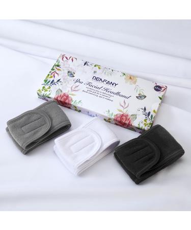 Denfany Spa Headband 3 Pack - Ultra Soft Adjustable Terry Cloth Wrap for Face Washing, Shower, Yoga - Black, White, Gray - Buy Online on GoSupps.com