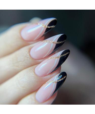 Justotry 24 pieces of gold glitter stiletto nails to stick on short black French press on nails pretty swirl almond art nail fake nails medium fingernails artificial nails for women black & glitter 2