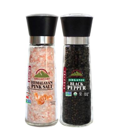 Himalayan Chef Pink Salt and Pepper Grinder Set of 2 - Adjustable Ceramic Himalayan Salt Grinder & Pepper Grinder - Tall Glass Salt and Pepper Shakers - Pepper Mill & Salt Mill, Large (5351AX2) Tall Grinder Set