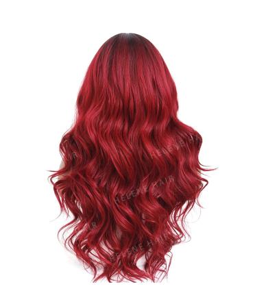 Burgundy Red Ombre Wine Long Wavy Wig with Bangs - 24 Inches Heat Resistant Synthetic Wig for Black Women - Daily Cosplay - Buy Online on GoSupps.com