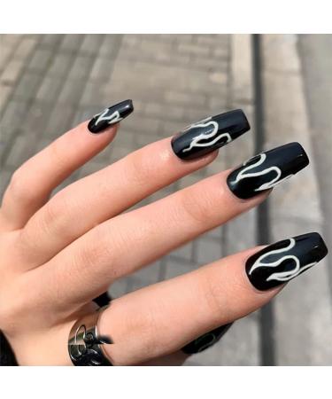 Sethexy Flame False Nails - Medium Ballerina Black Press-On Acrylic Nails (24 pcs) for Women & Girls - Buy Online on GoSupps.com