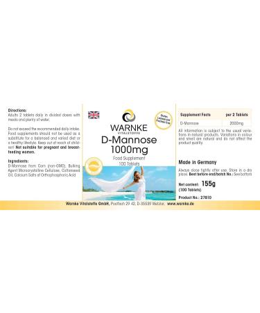 D-Mannose 1000mg Tablets - Highly Dosed Vegan Supplement - 100 Tablets by Warnke Vitalstoffe - Buy Online on GoSupps.com