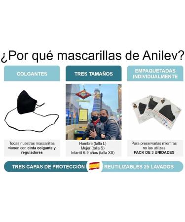 Anilev Set: 3 Washable Reusable Face Masks | Black Fabric | 3-Layer Regulation | Sizes S M L | International Shipping from Spain - Buy Online on GoSupps.com