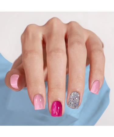 Short False Nails - Cute Red & Pink Square Press On Nails with Silver Glitter | 24 Pcs Acrylic Stick On Nails for Women & Girls - Buy Online on GoSupps.com