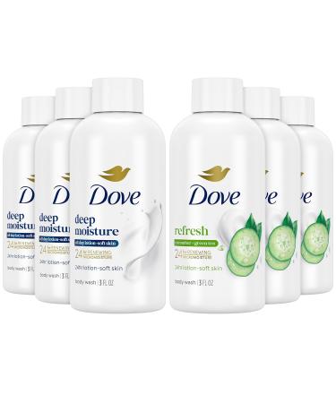 Dove Body Wash Travel Size Variety 6-Pack Refresh Cucumber & Green Tea + Deep Moisture 24H Renewing Moisture for Soft Skin 3 Oz Ea