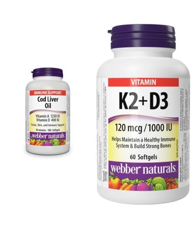 Webber Naturals Cod Liver Oil with Vitamin A and D3 180 Softgels Vision Skin and Immune Support & Vitamin K2 with D3 60 Softgels Helps Support Bones Teeth and Immune Function Gluten