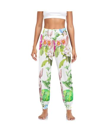 KLL Sweatpants for Women, Easter Bunny Colored Eggs Grass Flowers Oversized Jogger Pants for Sport Gym Club Wear Large
