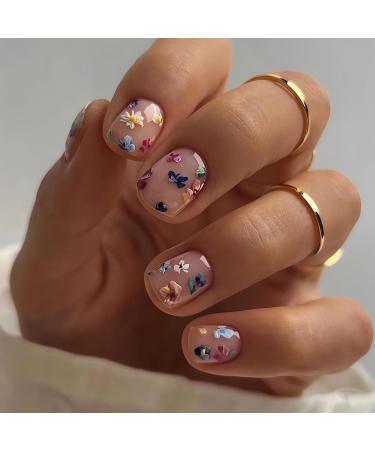 Extra Short Press on Nails Square Fake Nails Flower Designs - LPOODDNU 24 Pcs Spring False Nails Cute Small Acrylic Press on Nails Stick on Nails Reusable Artificial Nails for Women Manicure Supplies design16