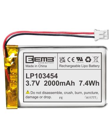 EEMB Lithium Polymer Battery 3.7V 2000mAh 103454 Lipo Rechargeable Battery Pack with Wire JST Connector for Speaker and Wireless Device- Confirm Device & Connector Polarity Before Purchase 1 Count (Pack of 1)
