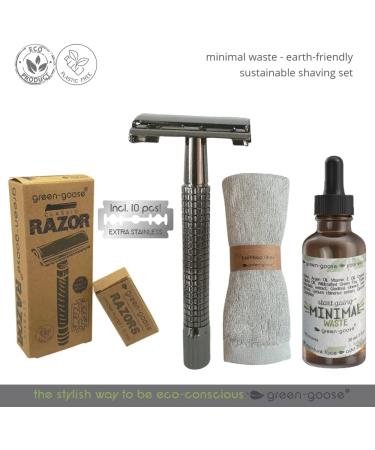 Green-Goose Shaving Set - Classic Black Razor Organic Shaving Oil Bamboo Cloth & 10 Blades | Eco-Friendly Gift for Sustainable Grooming - Buy Online on GoSupps.com