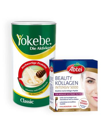 YOKEBE Classic - Diethake for Losing Losing - Meals Support for Weight Losing with High -quality proteins - 500 G + Abbey Beauty Collagen intensive 5000 - Beauty for drinking with 5 g collagen peptats YOKEBE Classic (1x 500g) + Abbey Collagen 10 drinking 