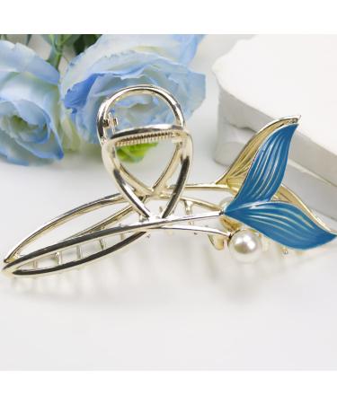 Blue Fish Tail Hair Clip with Pearl | Mermaid Hair Claw for Women | Large Gold Metal Clip for Strong Hold | Nonslip Hair Barrette Accessory - Buy Online on GoSupps.com