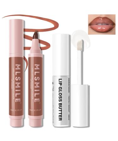 Lip Liner Marker Pen Lip Stain Liquid Lip Liner Pencil Kit Waterproof and Long Lasting Nude Lip Liner and Lip Gloss Combo Non-Stick Cup Nourishing Clear Lip Butter Gloss Set Makeup
