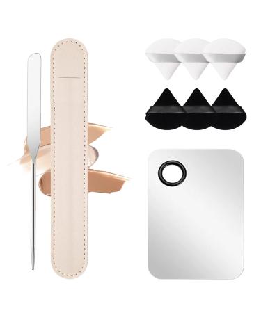 Makeup Spatula,Korean Spatula Makeup Stainless Steel Makeup Spatula and Palette Set,Professional Foundation Spatula Facial Cosmetic Makeup Tool (6 Powder Puff +1Spatula+1 Rectangle Palette).