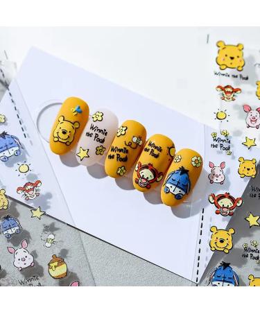 Dedyel New 5D Embossed Cartoon Nail Art Sticker Decals Honey Pooh CartoonNail Art Stickers Cute Cartoon Bear Self-Adhesive Nail Art Stickers for Nail Art DIY Decoration for Women Men Kids Manicure Decoration(3 Sheets) Wi...