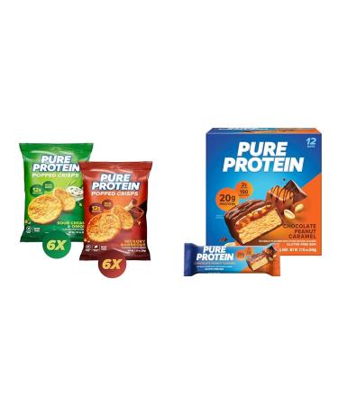 Pure Protein Popped Crisps Variety Pack Hickory Barbecue & Sour Cream Onion High Protein Snack 12G Protein 12 Count & Pure Protein Bars Chocolate Peanut Caramel 20G Protein 2G Sugar 12 Count