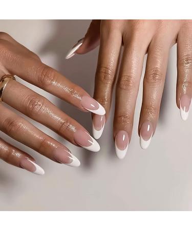 French Tip Press on Nails Long Almond Fake Nails White Tip(wide tip)Nude Pink Glossy Acrylic False Nails Kit for Women Girls Artificial Nails 24 Pcs xin3