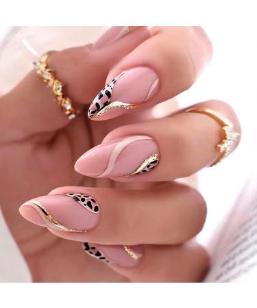 Leopard Print Press on Nails Almond Shaped Medium Fake Nails Gold Line Swirl French Tip Artificial Nails Full Cover Acrylic Glossy Glue on Nails False Nails Designs for Women Girls Nail Decorations Animal Print