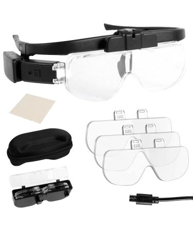 Rechargeable Magnifying Glasses Lighted Headband Magnifier with LED Light Hands-Free Illuminated Eyeglasses Magnifier with 3 Lenses 1.5X 2.0X 2.5X for Jewelry Crafts Cross Stitch