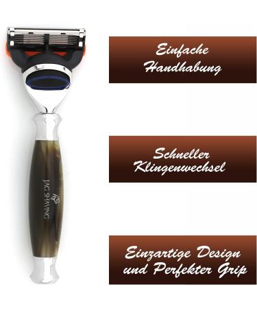 Jag Shaving Razor Set - 4-Part Lee Range | Premium Synthetic Hair Brush 5 Blades and Stand - Green Horn Imitation Color - International Shipping Available - Buy Online on GoSupps.com