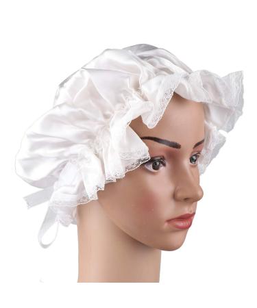 LEORX Satin Sleep Cap Lace Decor Soft Silk Night Cap Adjustable Sleeping Bonnet for Women (White)