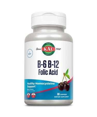 KAL Vitamin B-6 B-12 Folic Acid Supplement B Vitamins for Healthy Energy Heart & Red Blood Cell Support w/Vitamin B12 Methylcobalamin and Folate Natural Cherry Gluten Free 60 Serv 60 Lozenges